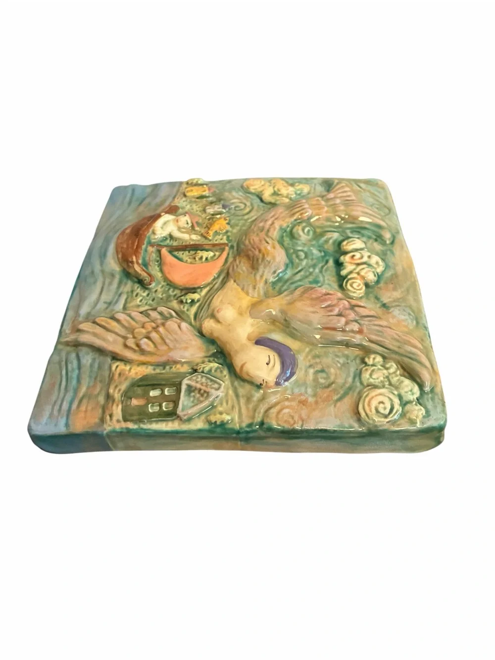 Eisenhardt Studio Pottery Winged Mermaid Relief Ceramic Wall Art Tile Signed
